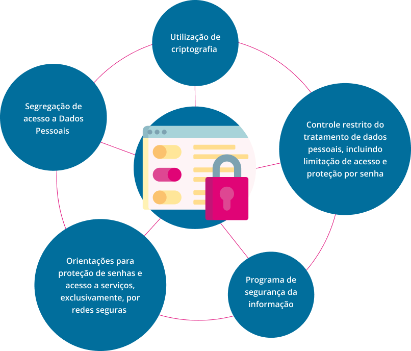 Recursos de segurança: Utilização de criptografia, Programa de segurança da informação, Orientações para proteção de senhas, Segregação de acesso a dados pessoais, Controle restrito do tratamento de dados pessoais