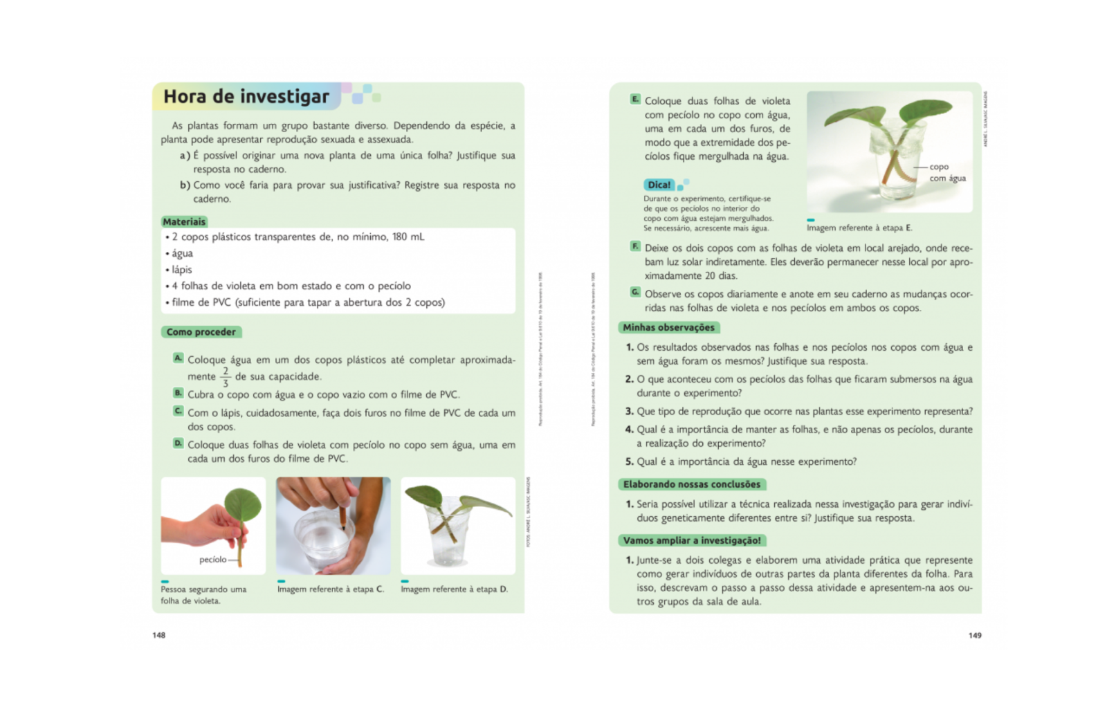 Seção “Hora de investigar”
Seção com atividades e experimentos que despertam a curiosidade científica do estudante.