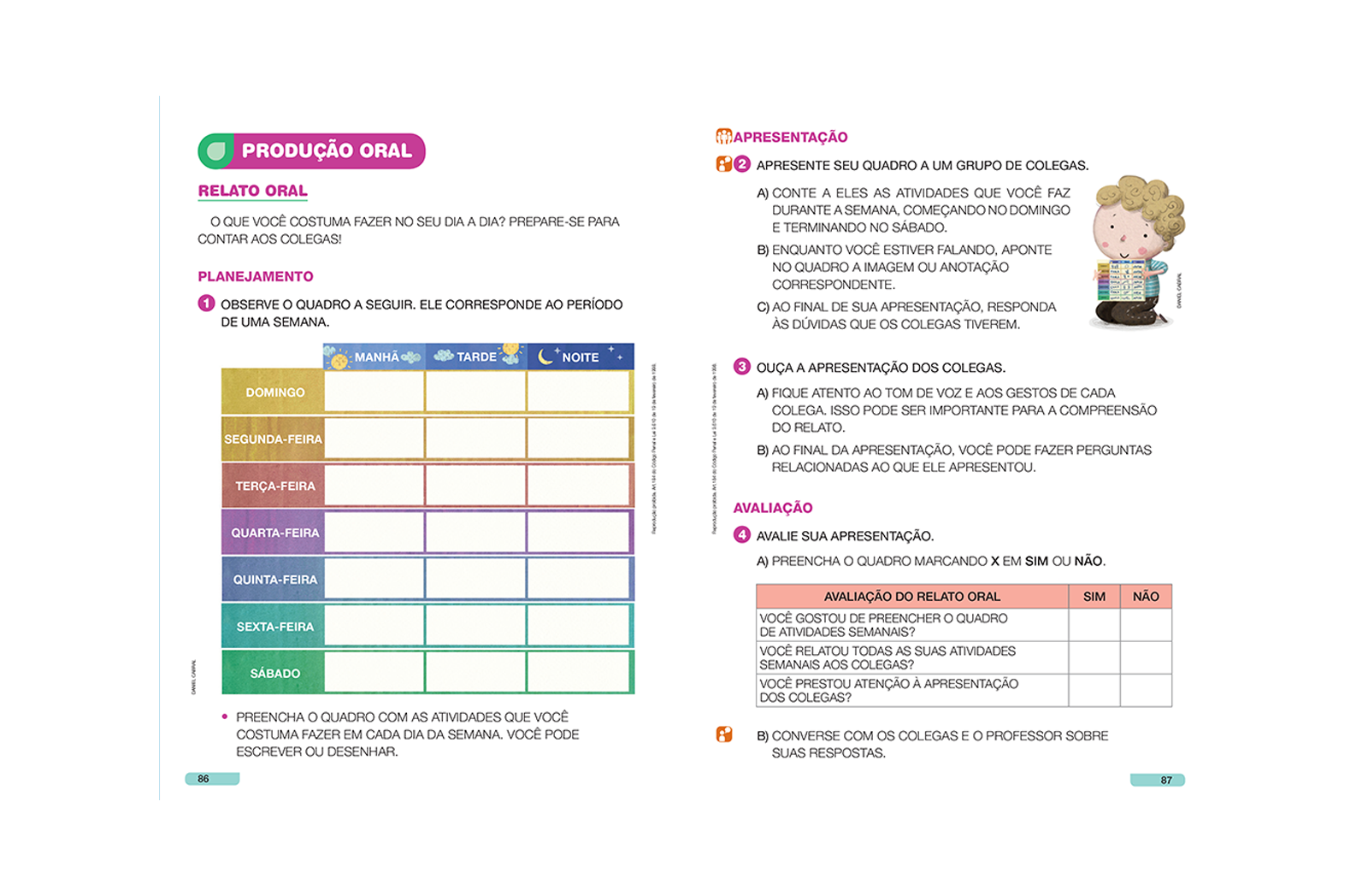 Aqui, o aluno faz exposição oral, relato, entrevista, spot de rádio, reconto e participa de outras formas de comunicação oral.